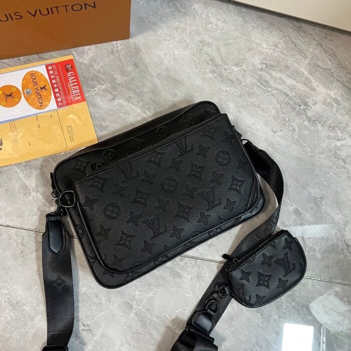 Men Leather Monogram Crossbody Messenger Bag Detachable Pouch Black