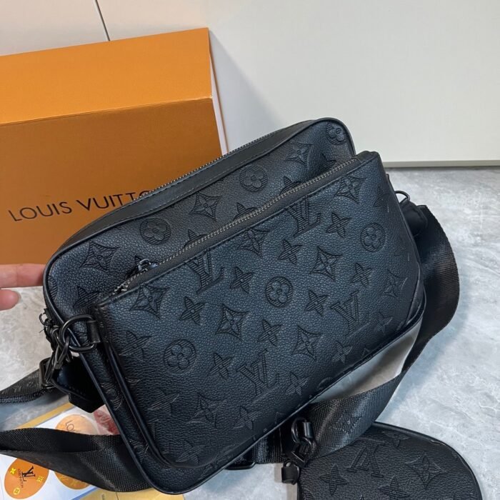 Men Leather Monogram Crossbody Messenger Bag Detachable Pouch Black