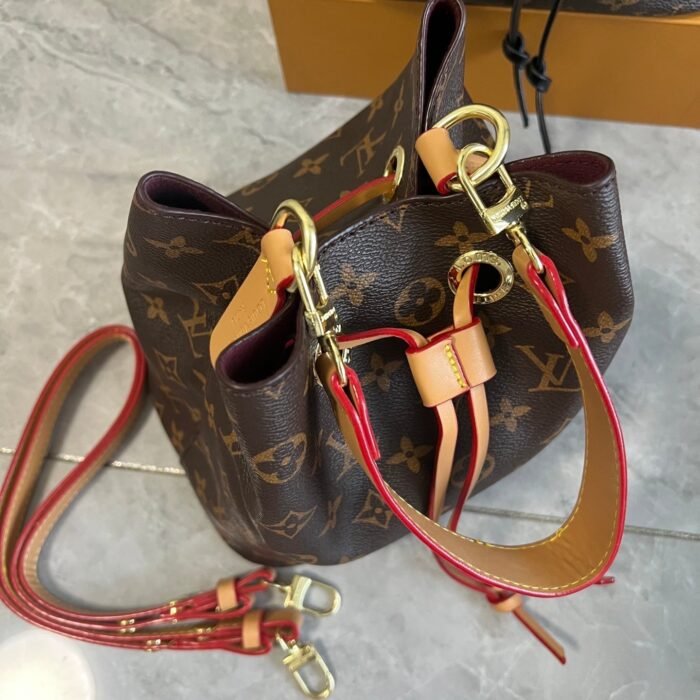 Women Leather Monogram Drawstring Bucket Shoulder Bag Dark Brown