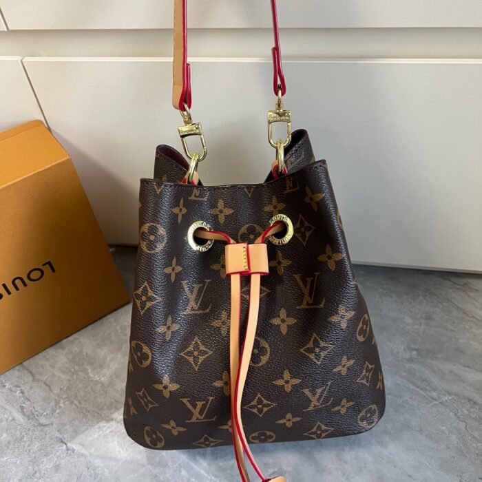 Women Leather Monogram Drawstring Bucket Shoulder Bag Dark Brown