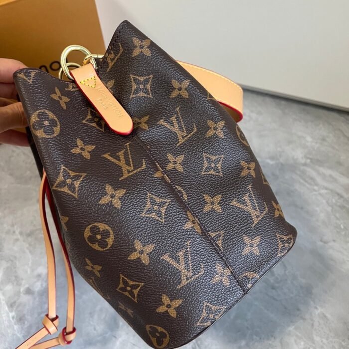 Women Leather Monogram Drawstring Bucket Shoulder Bag Dark Brown