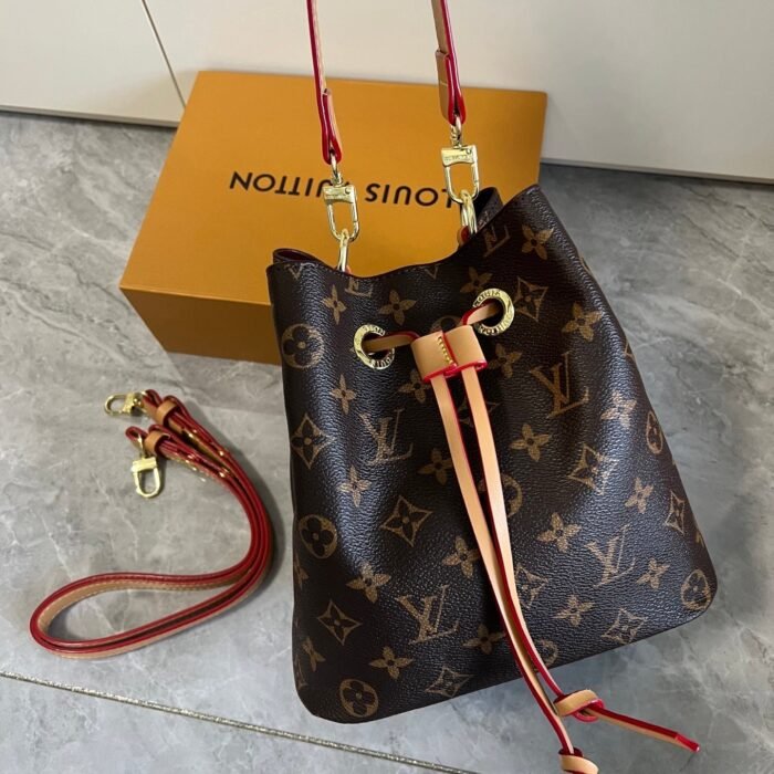 Women Leather Monogram Drawstring Bucket Shoulder Bag Dark Brown