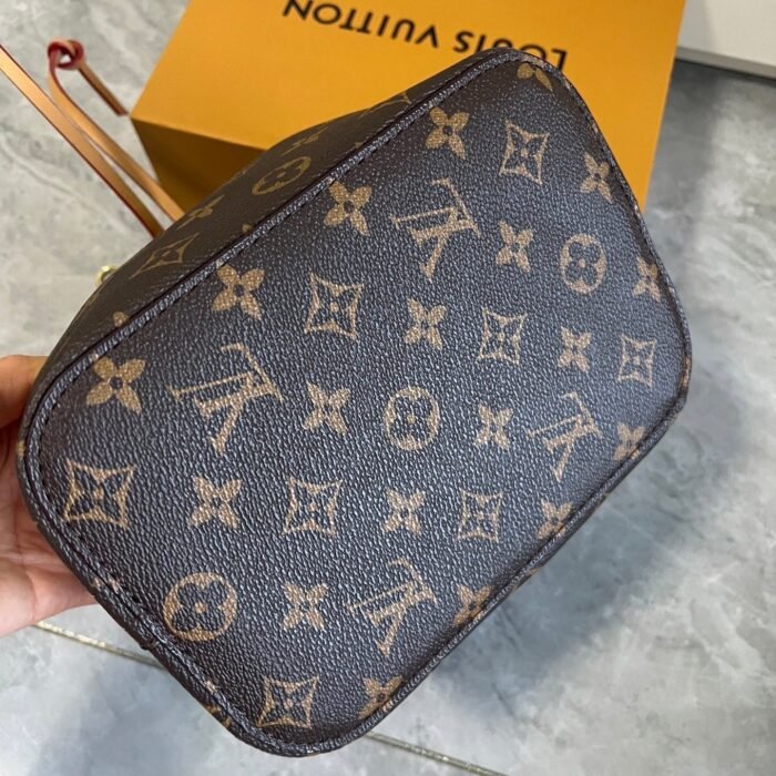 Women Leather Monogram Drawstring Bucket Shoulder Bag Dark Brown