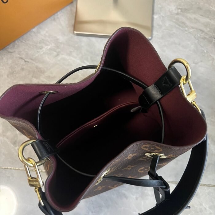 Women Leather Monogram Drawstring Bucket Shoulder Bag Dark Brown