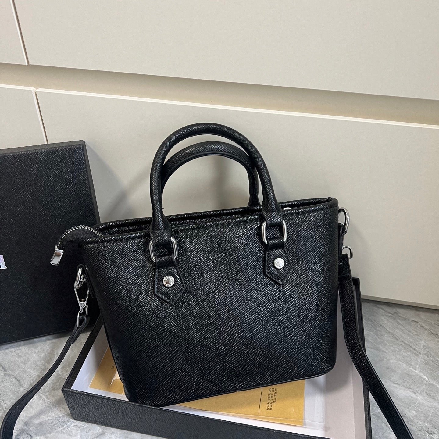 Leather PR Inspired Black Mini Tote Crossbody Bag - View 2